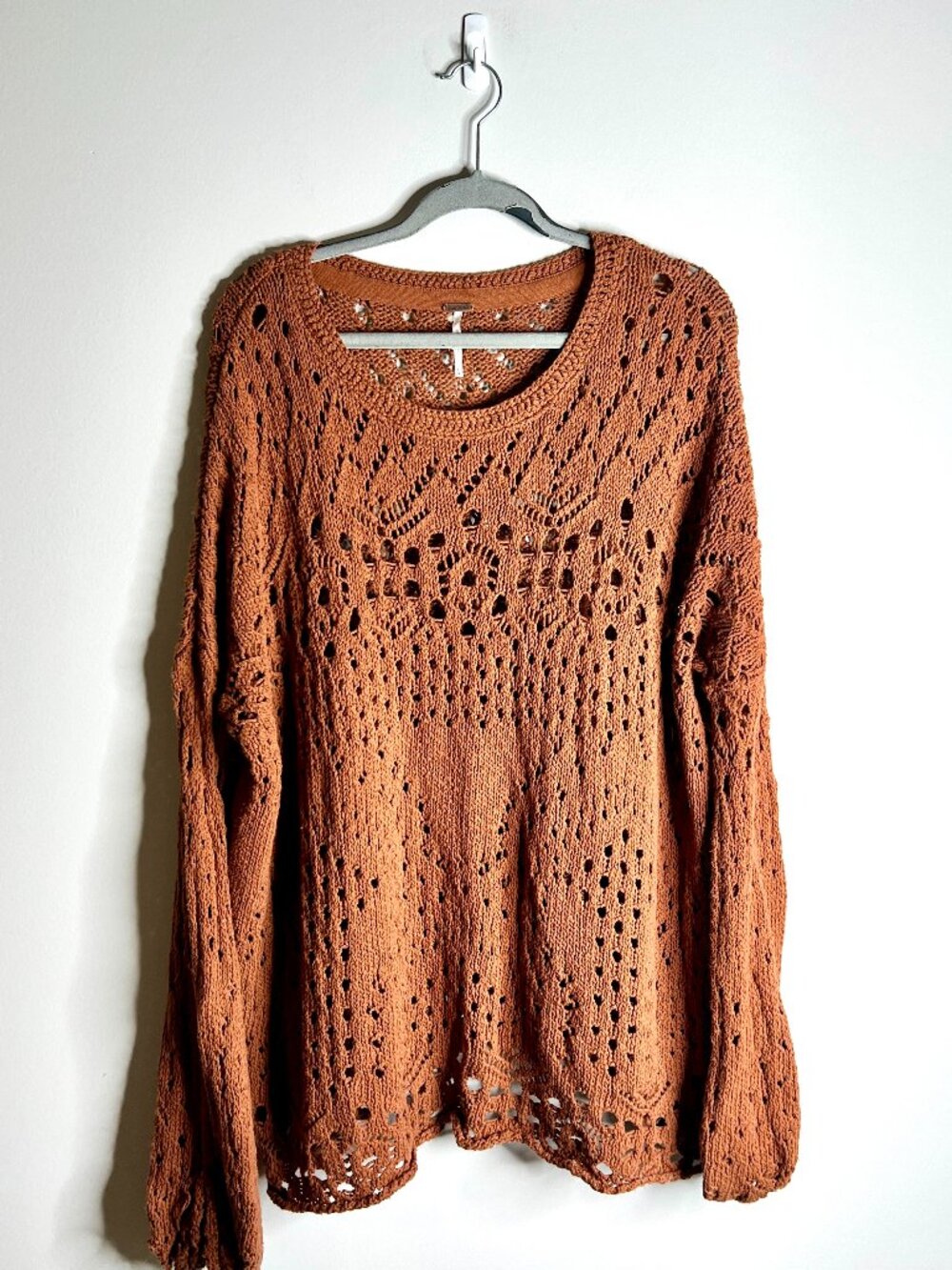 Free People Traveling Lace Crochet Open Knit Sweater Oversized Boho Slouchy Sz L